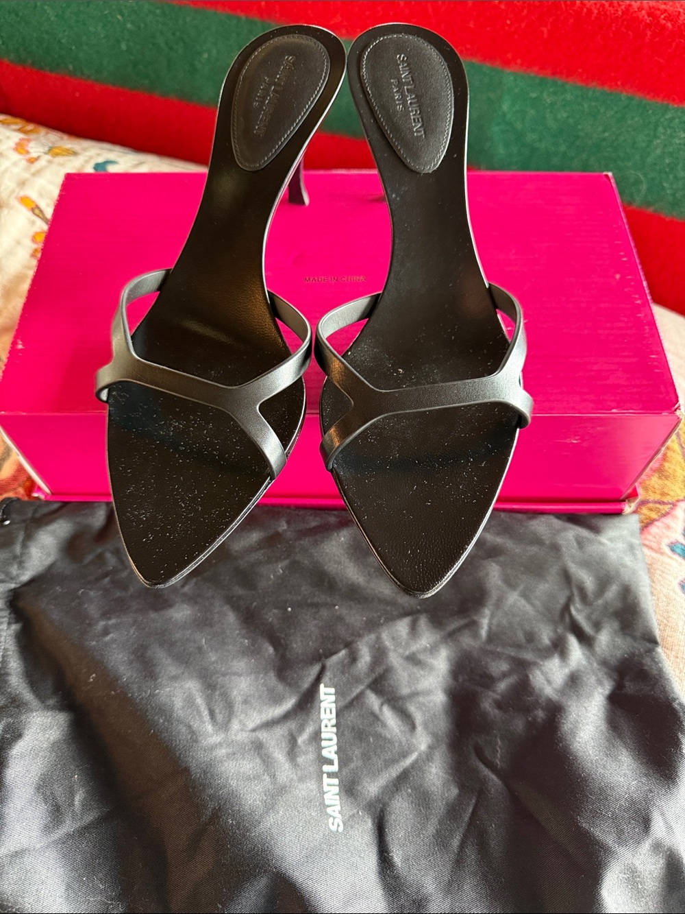 Saint Laurent Black Leather Pointed Slide Sandals